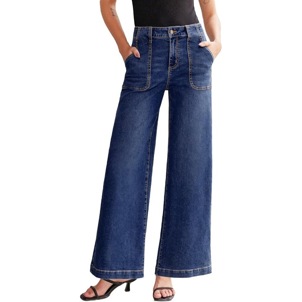 Women’s High Waist Wide Leg Jeans Cotton Polyester Elastane 10 Casual Pants